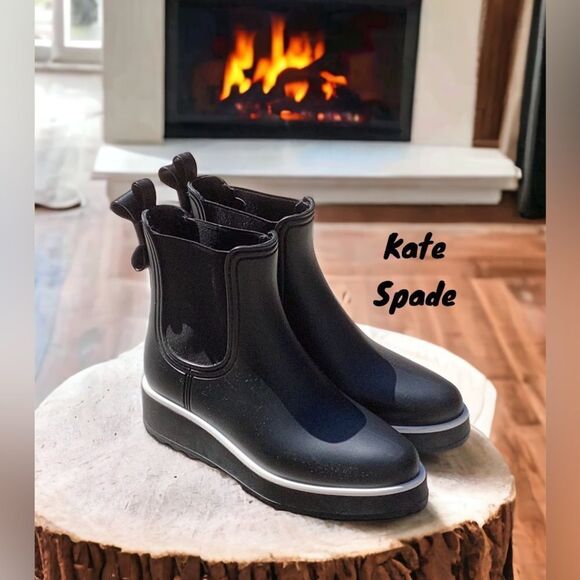KATE SPADE NEW PUDDLE RUBBER RAIN BOOTS BLACK SIZE 8M - Picture 1 of 6